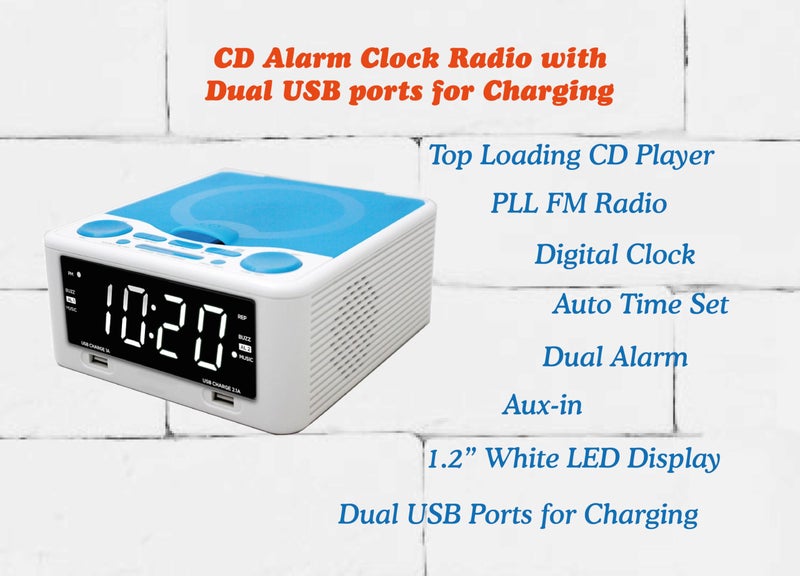 HANNLOMAX HX-300CD Top Loading CD Player, PLL FM Radio, Digital Clock, 1.2" White LED Display, Dual Alarms, Dual USB Ports for 2.1A and 1A Charging, AC/DC Adaptor Included (White_Blue) - Image 3